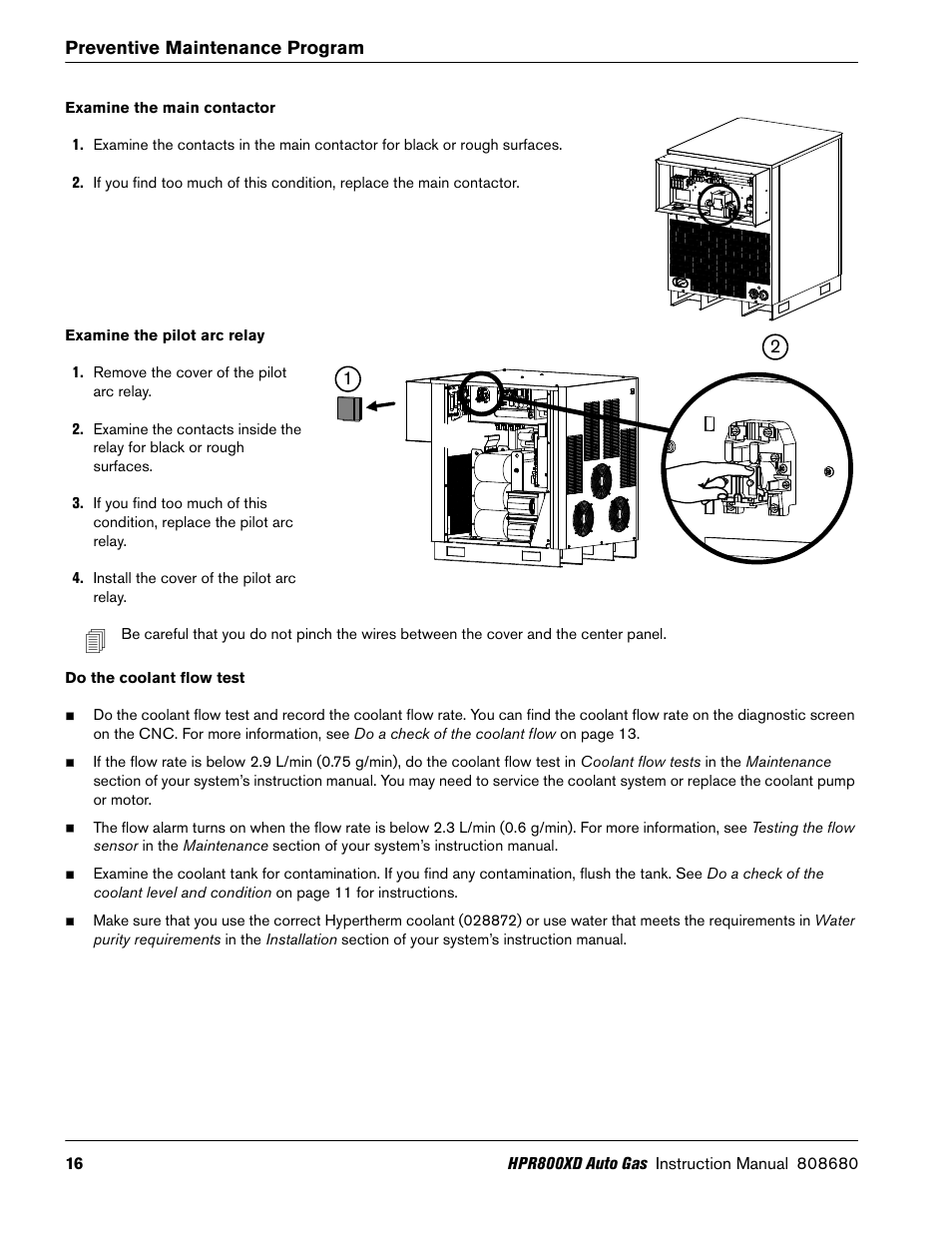 Examine the main contactor, Examine the pilot arc relay, Do the coolant flow test | Hypertherm HPR800XD Auto Gas Preventive Maintenance Program Rev.1 User Manual | Page 16 / 33