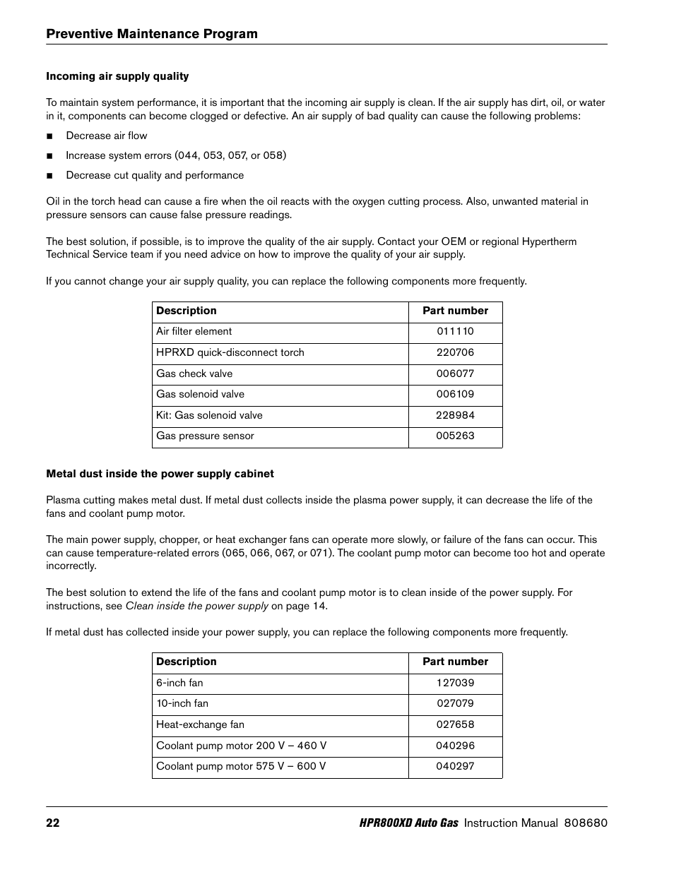 Incoming air supply quality, Metal dust inside the power supply cabinet | Hypertherm HPR800XD Auto Gas Preventive Maintenance Program Rev.1 User Manual | Page 22 / 33