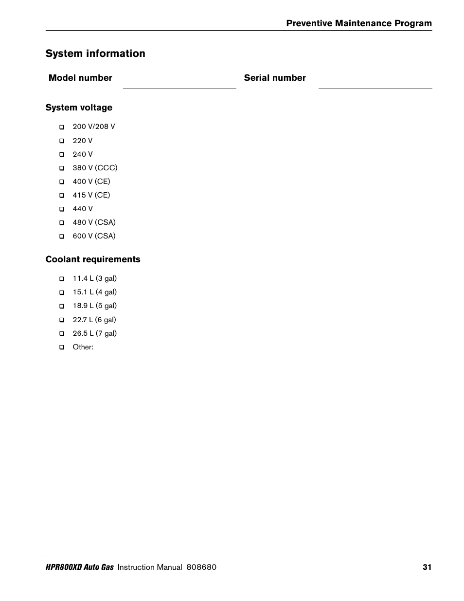 System information, Model number, Serial number | System voltage, Coolant requirements, Preventive maintenance program, Model number serial number | Hypertherm HPR800XD Auto Gas Preventive Maintenance Program Rev.1 User Manual | Page 31 / 33