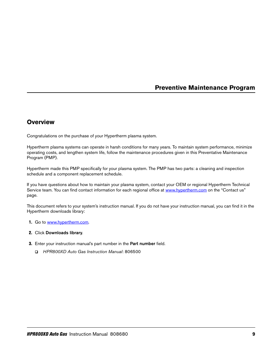 Preventive maintenance program, Overview, Preventive maintenance program overview | Hypertherm HPR800XD Auto Gas Preventive Maintenance Program Rev.1 User Manual | Page 9 / 33