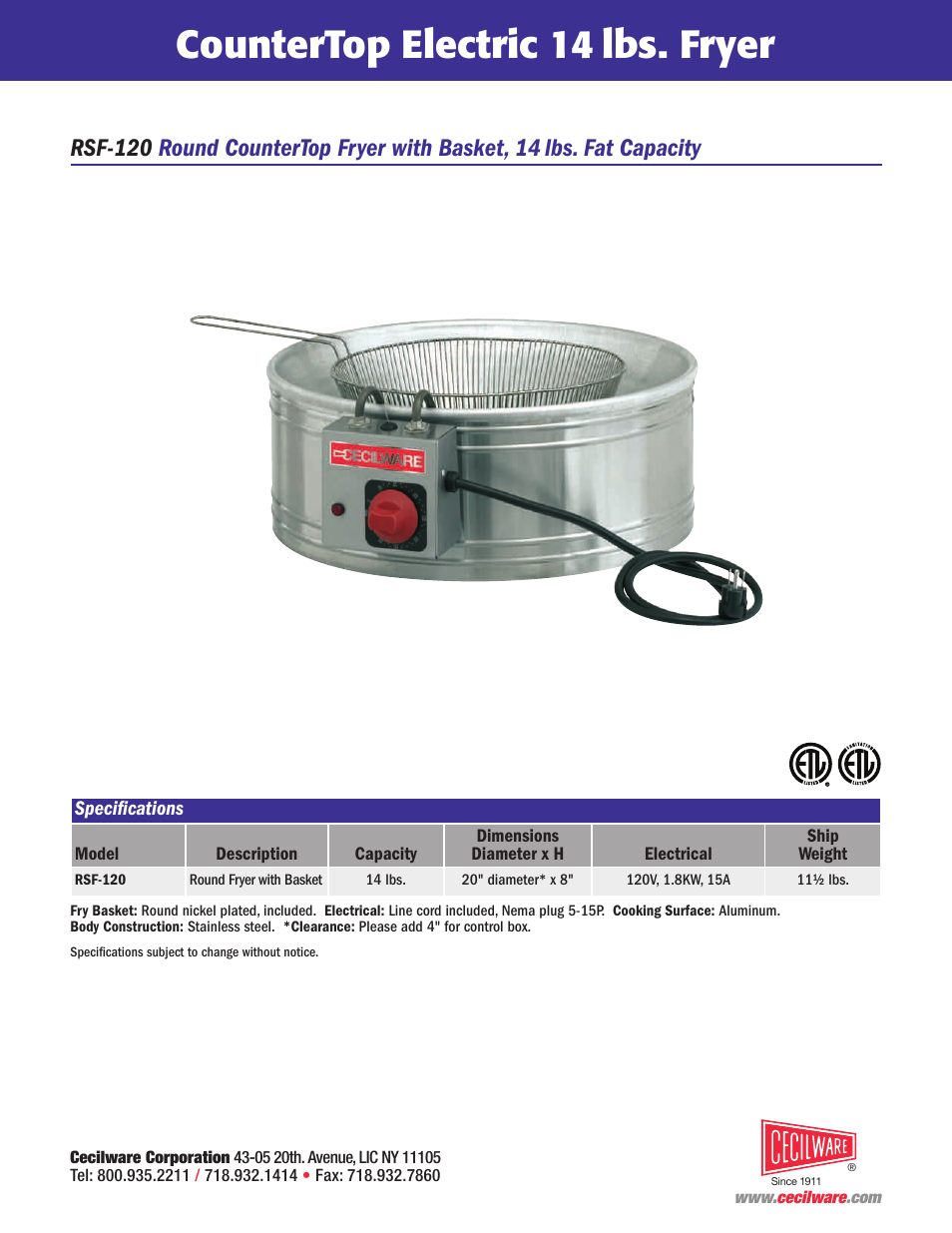 Countertop electric 14 lbs. fryer | Cecilware NQ99A User Manual | Page 2 / 2