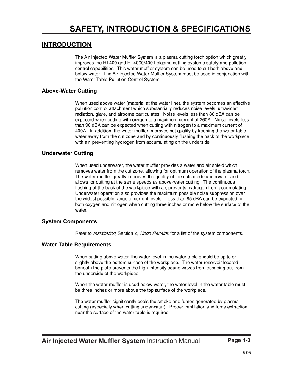 Introduction -3, Above-water cutting -3, Underwater cutting -3 | System components -3, Water table requirements -3, Safety, introduction & specifications | Hypertherm HT400 Air Injected Water Muffler System User Manual | Page 10 / 40