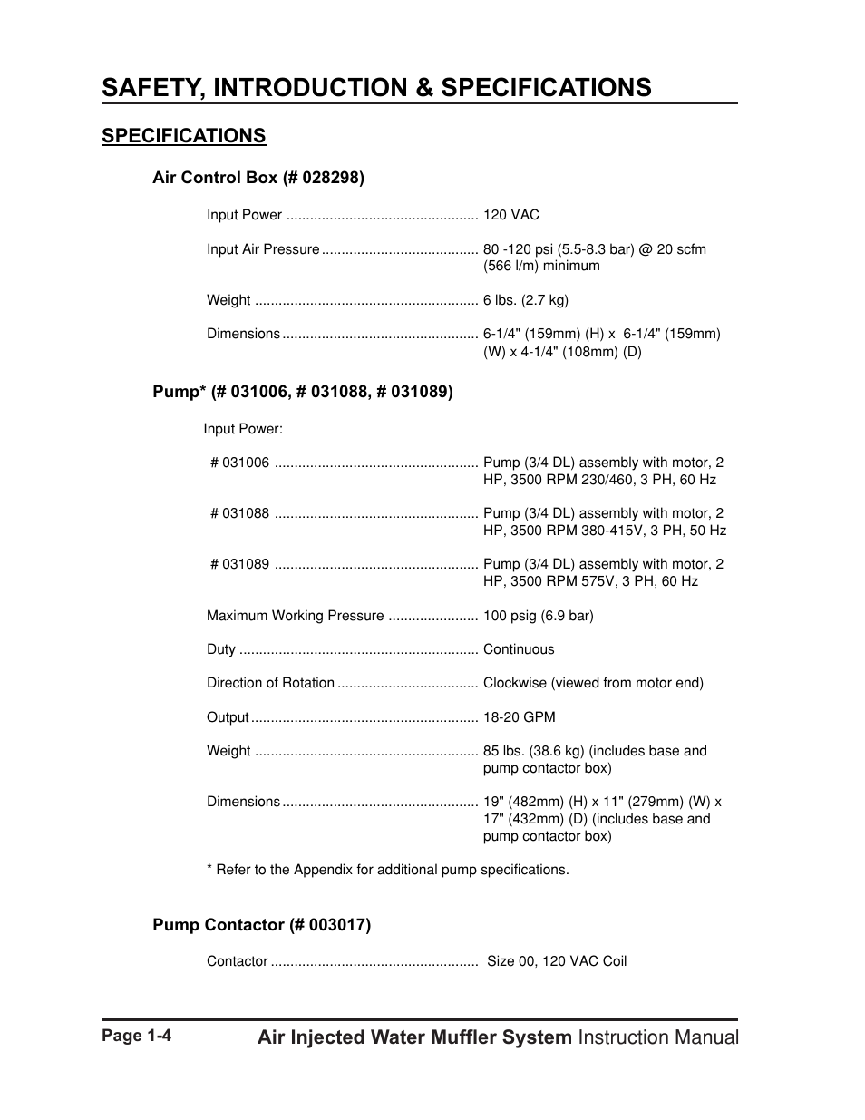 Specifications -4, Safety, introduction & specifications | Hypertherm HT400 Air Injected Water Muffler System User Manual | Page 11 / 40