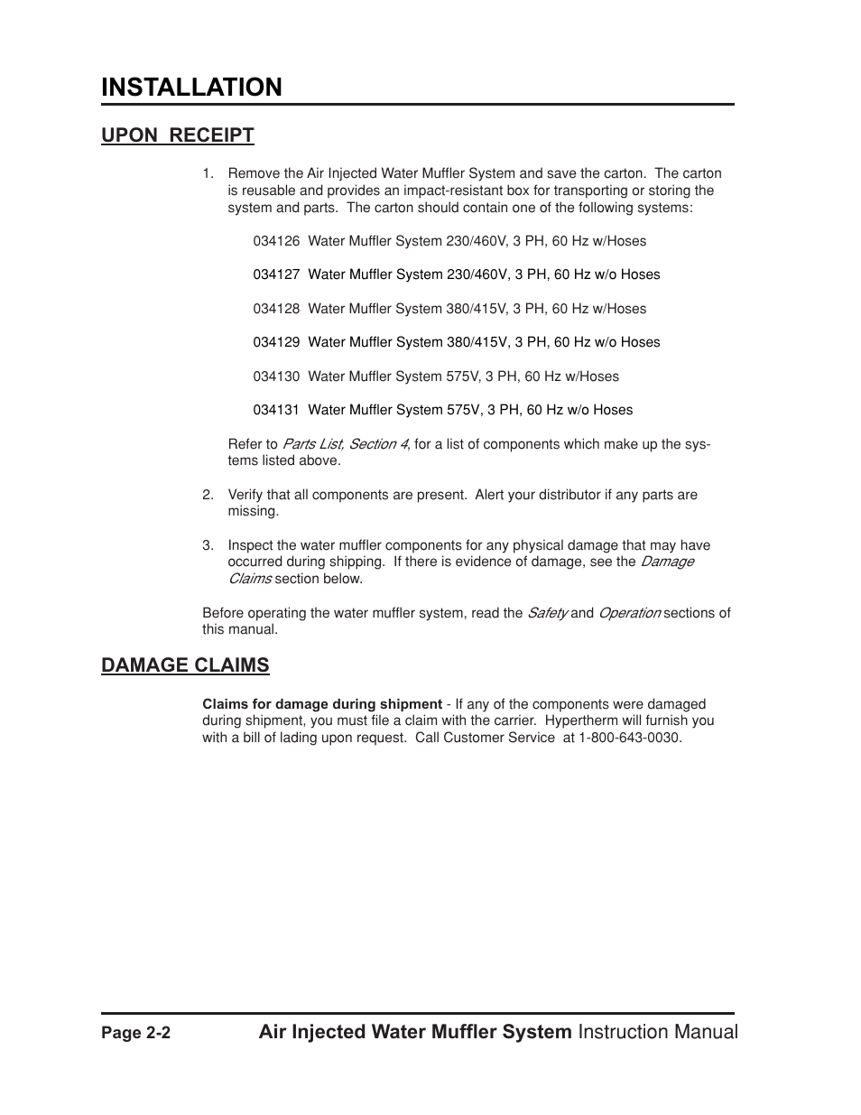 Upon receipt -2 damage claims -2, Installation, Damage claims | Hypertherm HT400 Air Injected Water Muffler System User Manual | Page 13 / 40