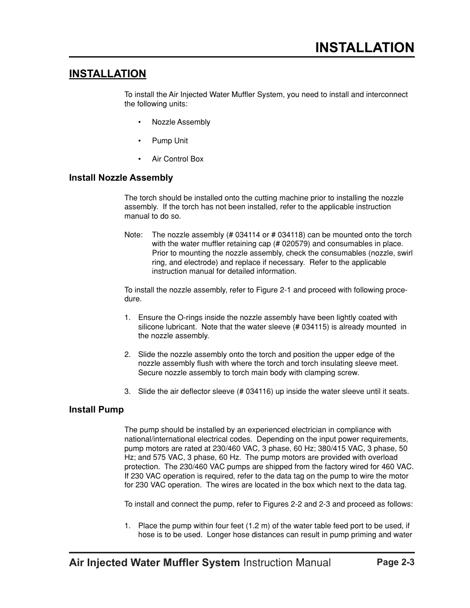 Installation -3, Install nozzle assembly -3 install pump -3, Installation | Hypertherm HT400 Air Injected Water Muffler System User Manual | Page 14 / 40