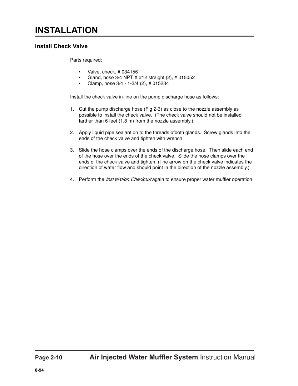 Install check valve -10, Installation | Hypertherm HT400 Air Injected Water Muffler System User Manual | Page 21 / 40