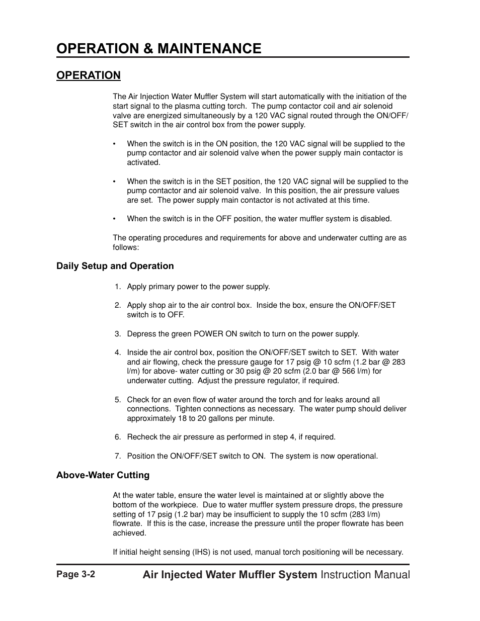 Operation -2, Operation & maintenance | Hypertherm HT400 Air Injected Water Muffler System User Manual | Page 23 / 40