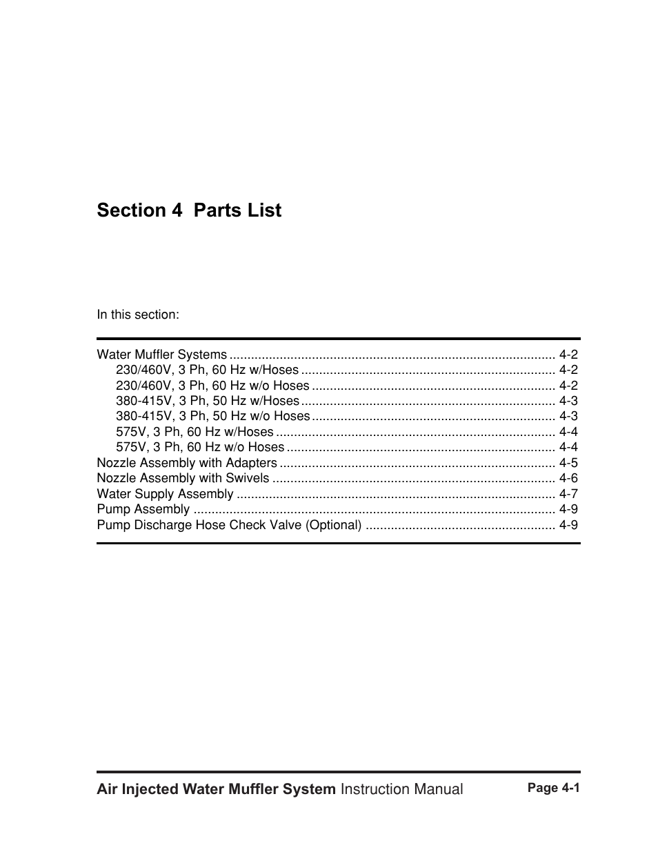 Section 4 - parts list, Section 4 parts list -1, Parts list | Hypertherm HT400 Air Injected Water Muffler System User Manual | Page 26 / 40