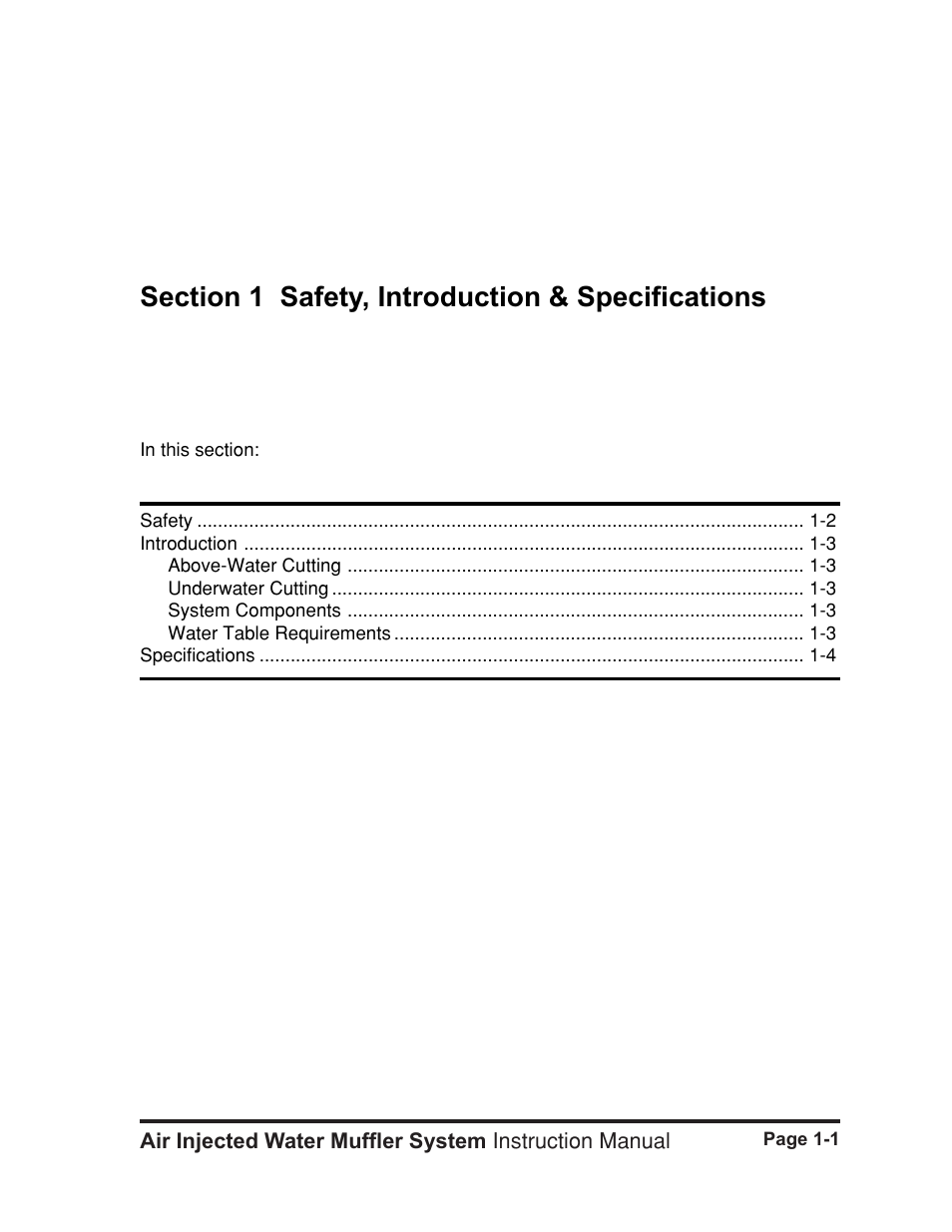 Section 1 - safety, intro, specs, Section 1 safety, introduction & specifications -1, Safety, introduction & specifications | Hypertherm HT400 Air Injected Water Muffler System User Manual | Page 8 / 40