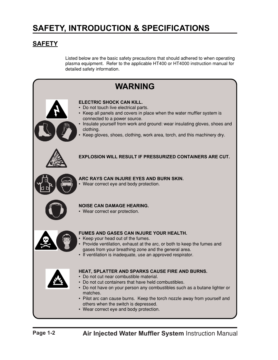 Safety -2, Safety, introduction & specifications, Warning | Hypertherm HT400 Air Injected Water Muffler System User Manual | Page 9 / 40