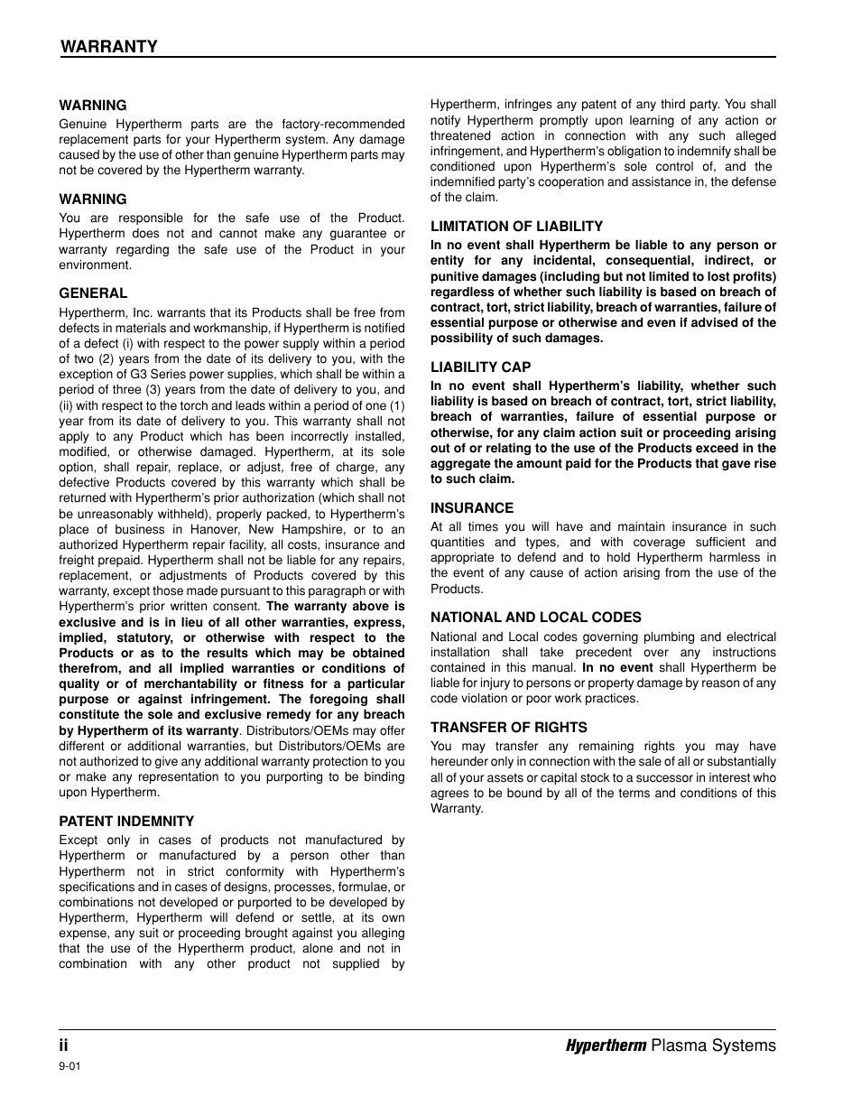 Warranty | Hypertherm HT4001 Plasma Arc Cutting System User Manual | Page 10 / 259