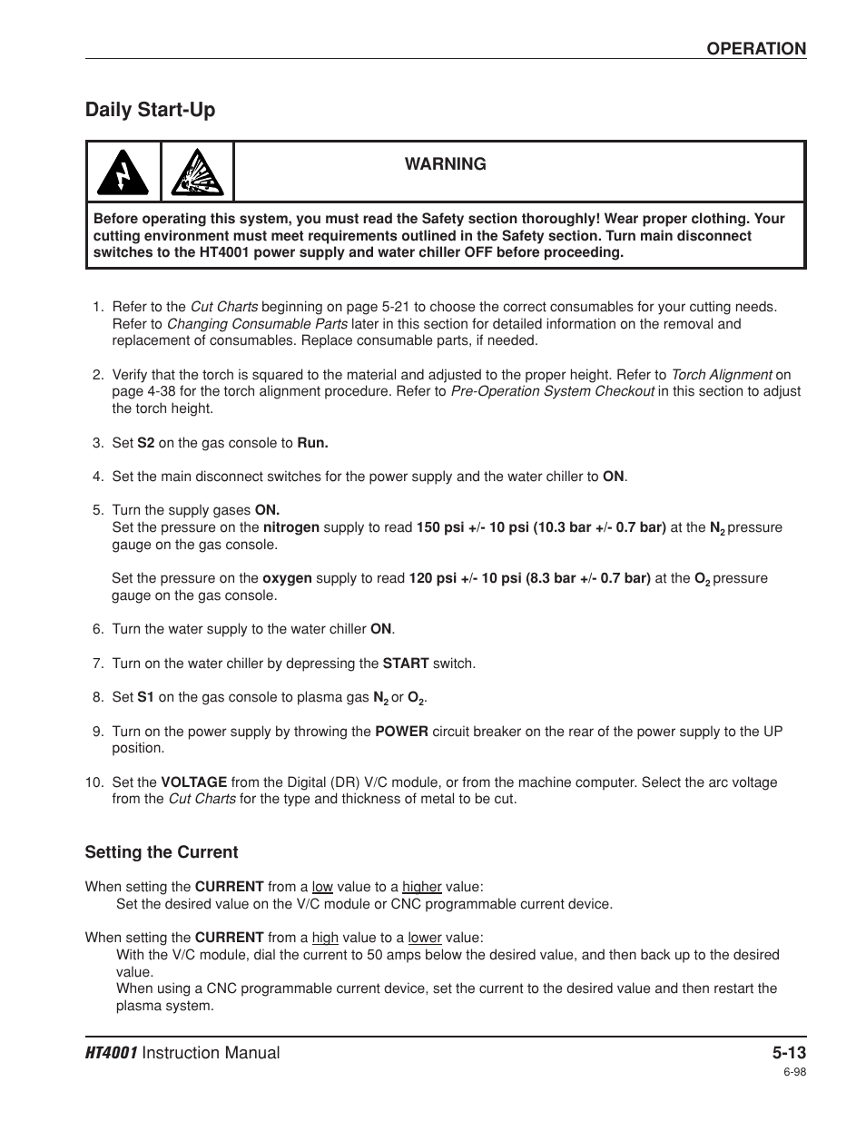 Daily start-up -13, Daily start-up | Hypertherm HT4001 Plasma Arc Cutting System User Manual | Page 104 / 259