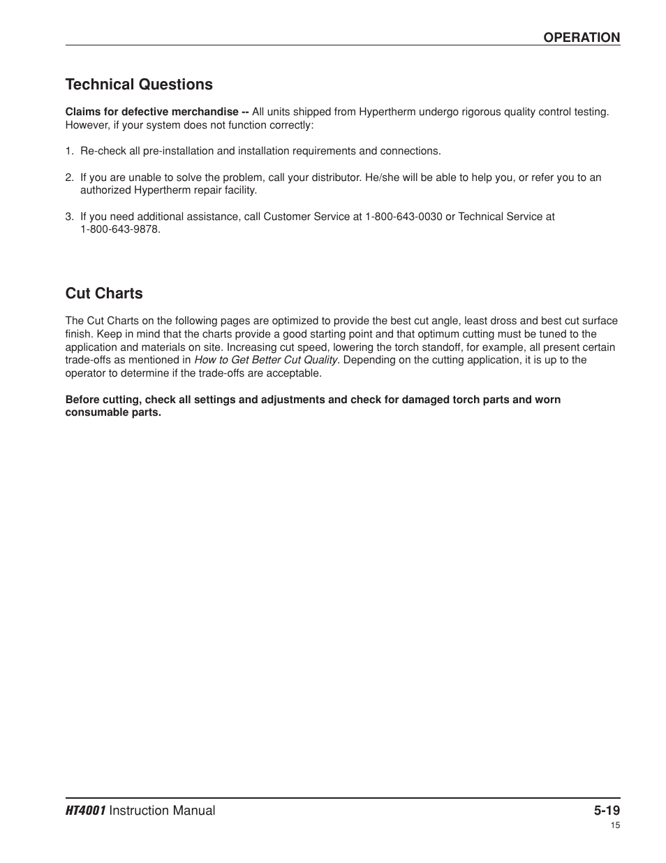 Technical questions -19, Cut charts -19, Technical questions -19 cut charts -19 | Technical questions, Cut charts | Hypertherm HT4001 Plasma Arc Cutting System User Manual | Page 110 / 259