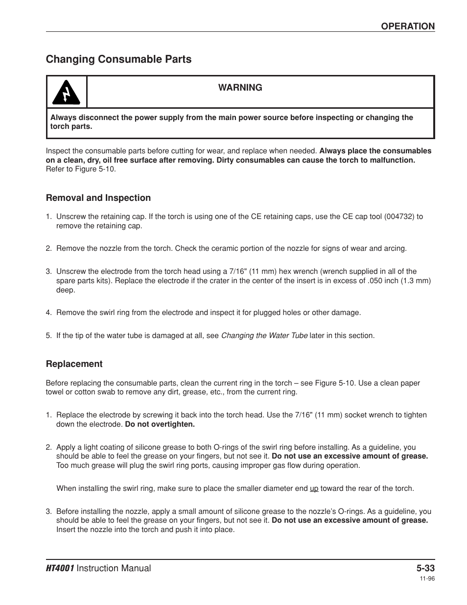 Changing consumable parts -33, Removal and inspection -33, Replacement -33 | Removal and inspection -33 replacement -33, Changing consumable parts | Hypertherm HT4001 Plasma Arc Cutting System User Manual | Page 124 / 259