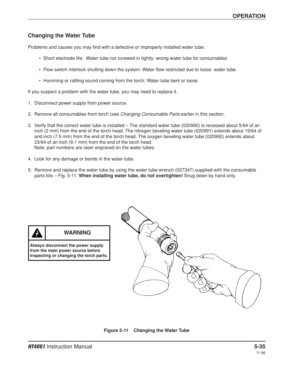 Changing the water tube -35 | Hypertherm HT4001 Plasma Arc Cutting System User Manual | Page 126 / 259