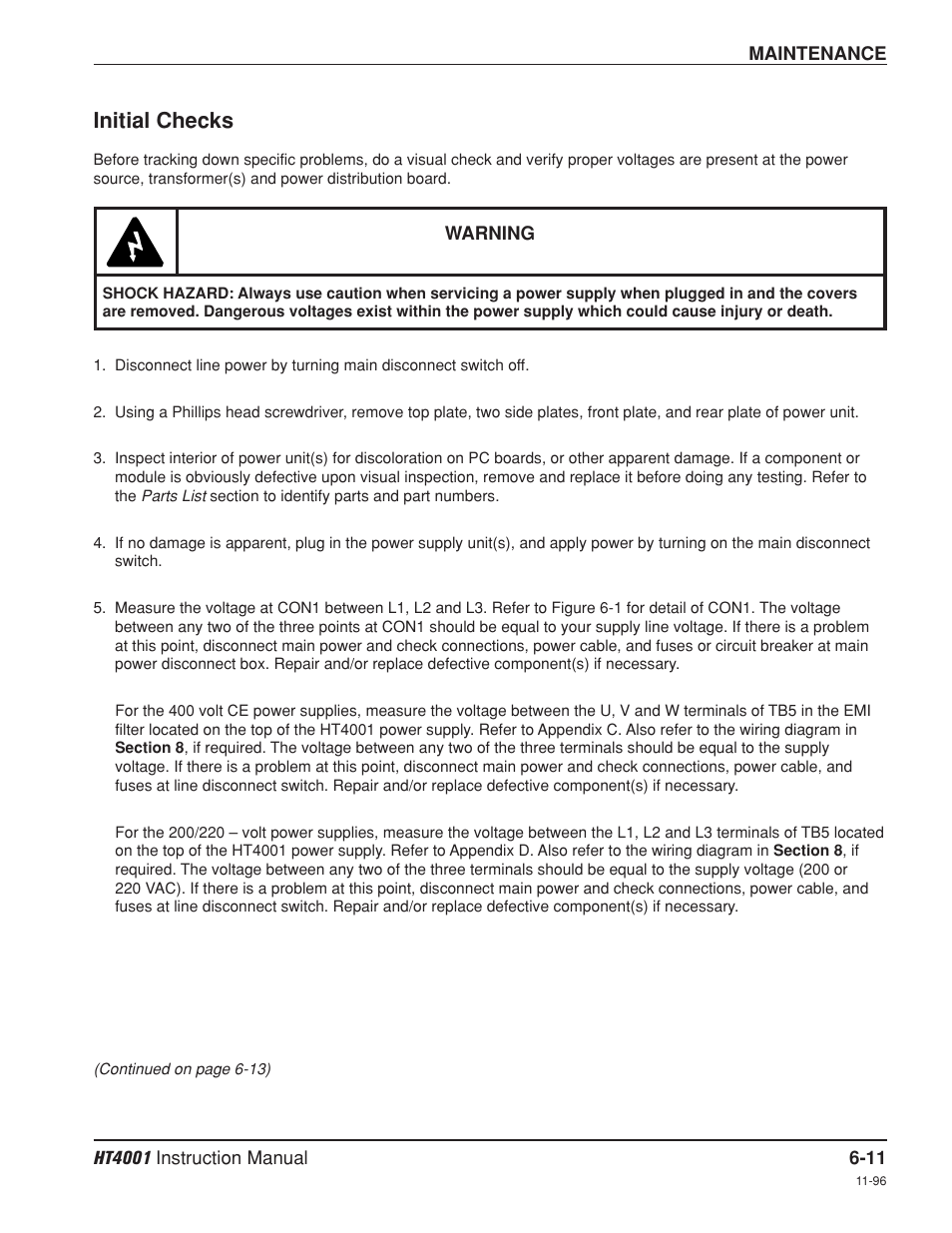 Initial checks -11, Initial checks | Hypertherm HT4001 Plasma Arc Cutting System User Manual | Page 137 / 259