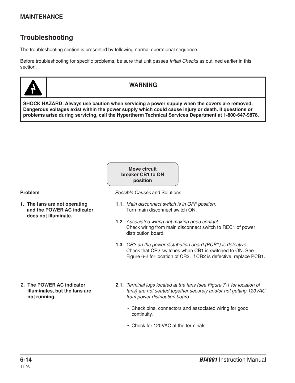 Troubleshooting -14, Troubleshooting | Hypertherm HT4001 Plasma Arc Cutting System User Manual | Page 140 / 259