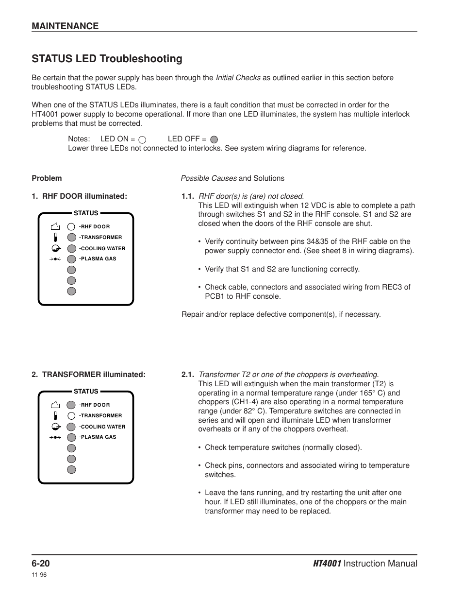 Status led troubleshooting -20, Status led troubleshooting, Maintenance | Hypertherm HT4001 Plasma Arc Cutting System User Manual | Page 146 / 259