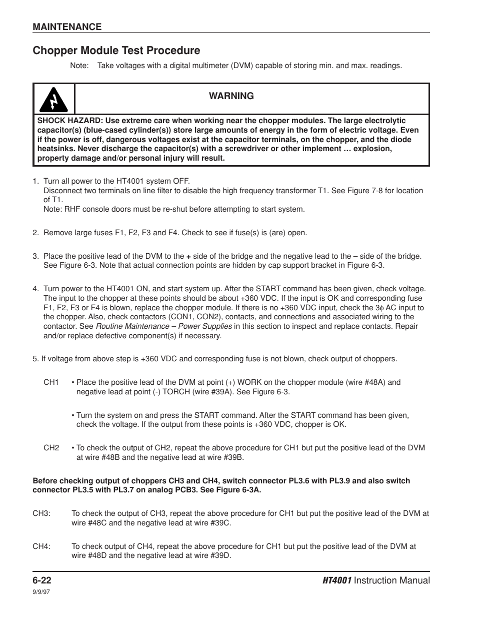 Chopper module test procedure -22, Chopper module test procedure | Hypertherm HT4001 Plasma Arc Cutting System User Manual | Page 148 / 259