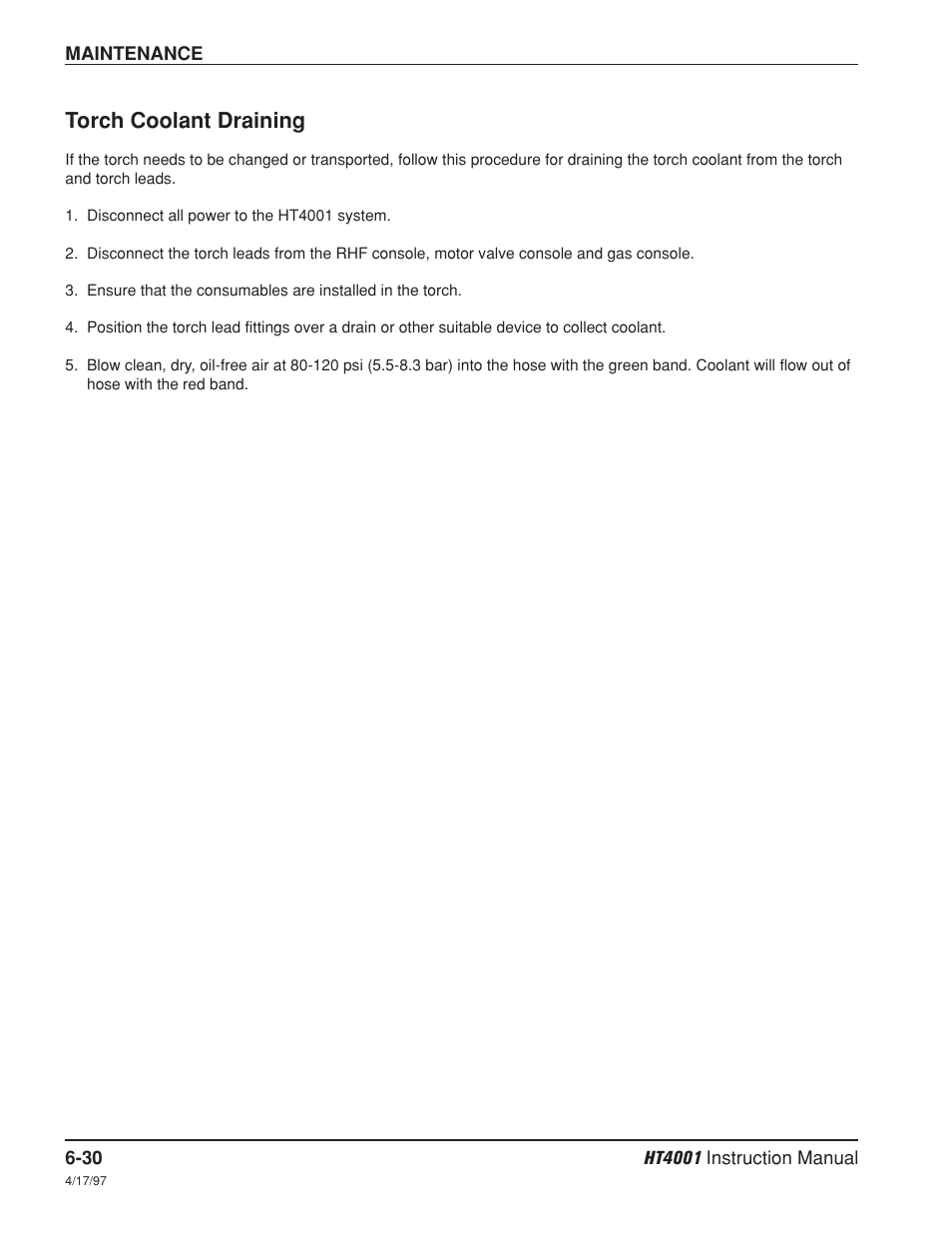 Torch coolant draining -30, Torch coolant draining | Hypertherm HT4001 Plasma Arc Cutting System User Manual | Page 156 / 259