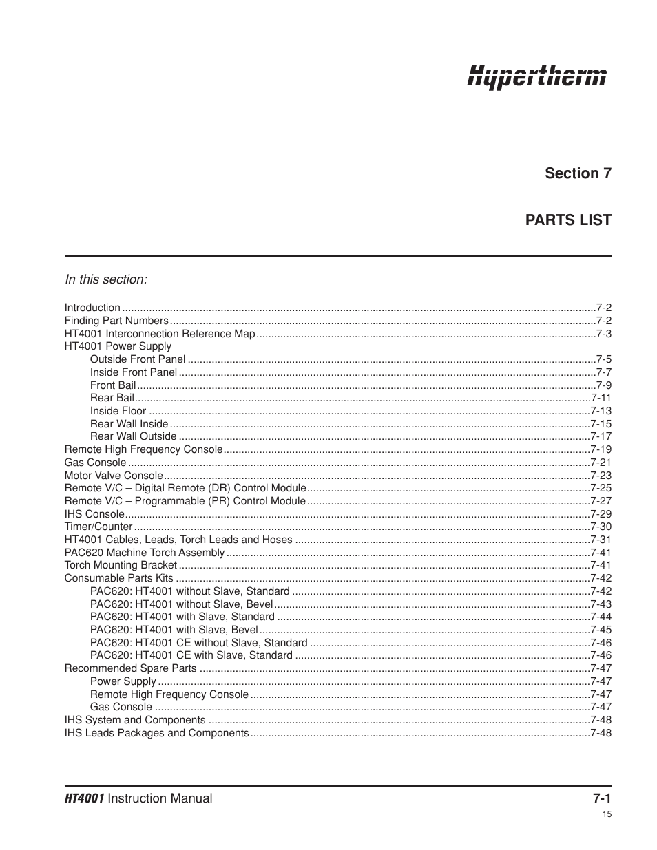 Section 7 parts list, Section 7, Parts list -1 | Hypertherm HT4001 Plasma Arc Cutting System User Manual | Page 157 / 259