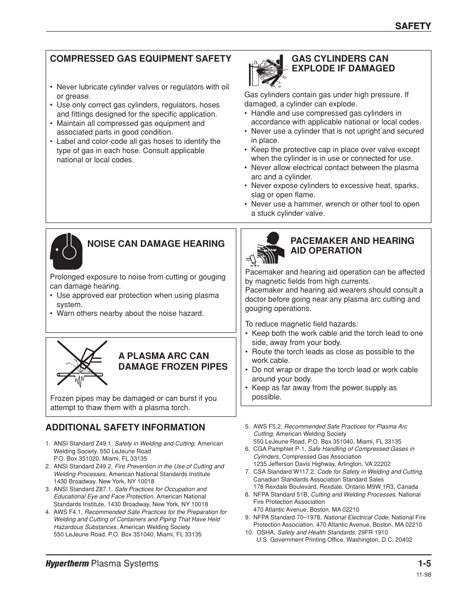 Compressed gas equipment safety -5, Gas cylinders can explode if damaged -5, Noise can damage hearing -5 | Pacemaker and hearing aid operation -5, A plasma arc can damage frozen pipes -5, Additional safety information -5, Safety hypertherm plasma systems 1-5, Safety, Noise can damage hearing, A plasma arc can damage frozen pipes | Hypertherm HT4001 Plasma Arc Cutting System User Manual | Page 20 / 259