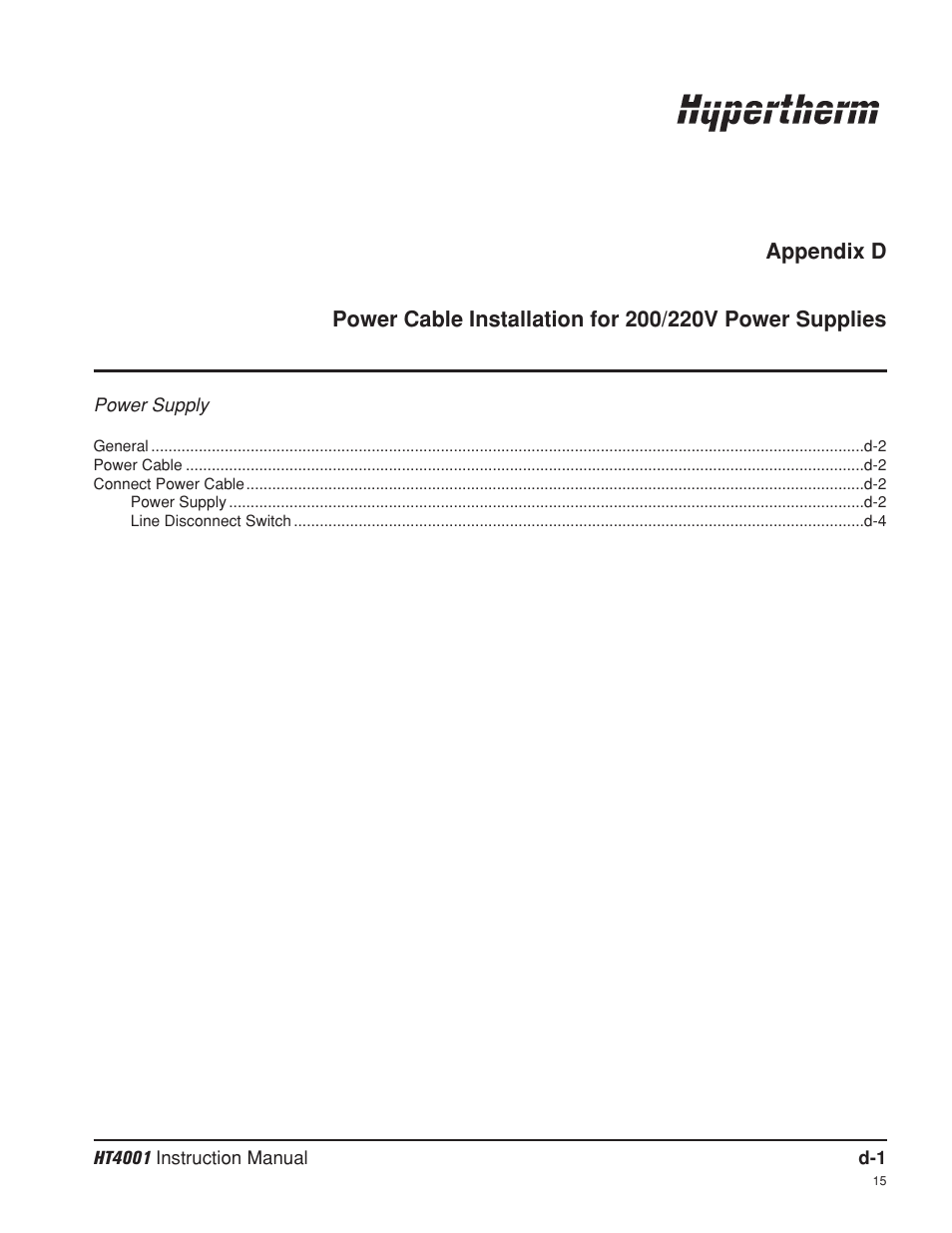 Appendix d | Hypertherm HT4001 Plasma Arc Cutting System User Manual | Page 242 / 259
