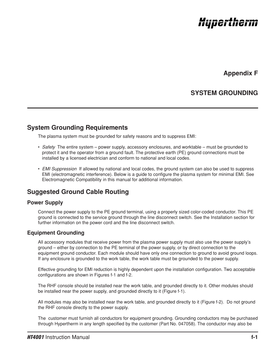 Appendix f system grounding, Appendix f, System grounding requirements | Suggested ground cable routing | Hypertherm HT4001 Plasma Arc Cutting System User Manual | Page 256 / 259