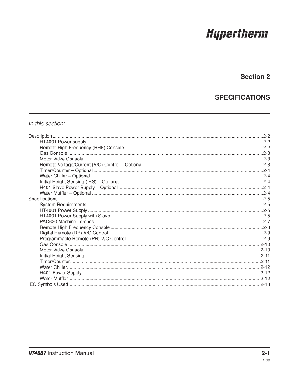 Section 2 specifications, Section 2, Description & specifications -1 | Hypertherm HT4001 Plasma Arc Cutting System User Manual | Page 28 / 259