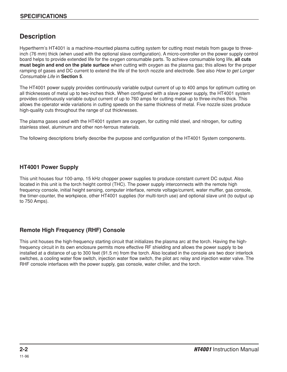 Description -2, Ht4001 power supply -2, Remote high frequency (rhf) console -2 | Description | Hypertherm HT4001 Plasma Arc Cutting System User Manual | Page 29 / 259