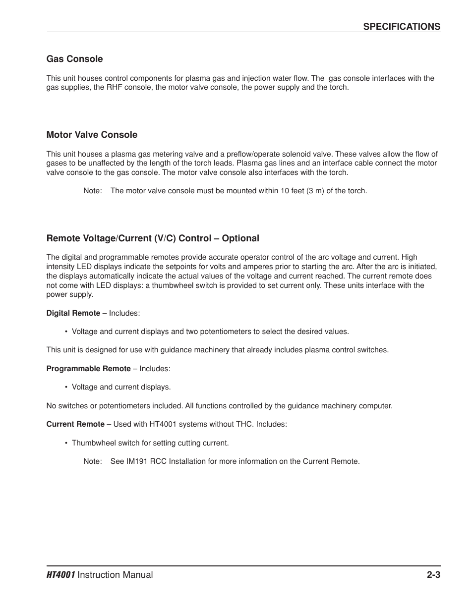 Gas console -3, Motor valve console -3, Remote voltage/current (v/c) control – optional -3 | Hypertherm HT4001 Plasma Arc Cutting System User Manual | Page 30 / 259