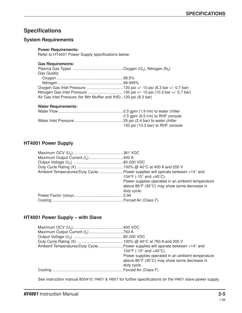Specifications -5, System requirements -5, Ht4001 power supply -5 | Ht4001 power supply with slave -5, Specifications | Hypertherm HT4001 Plasma Arc Cutting System User Manual | Page 32 / 259