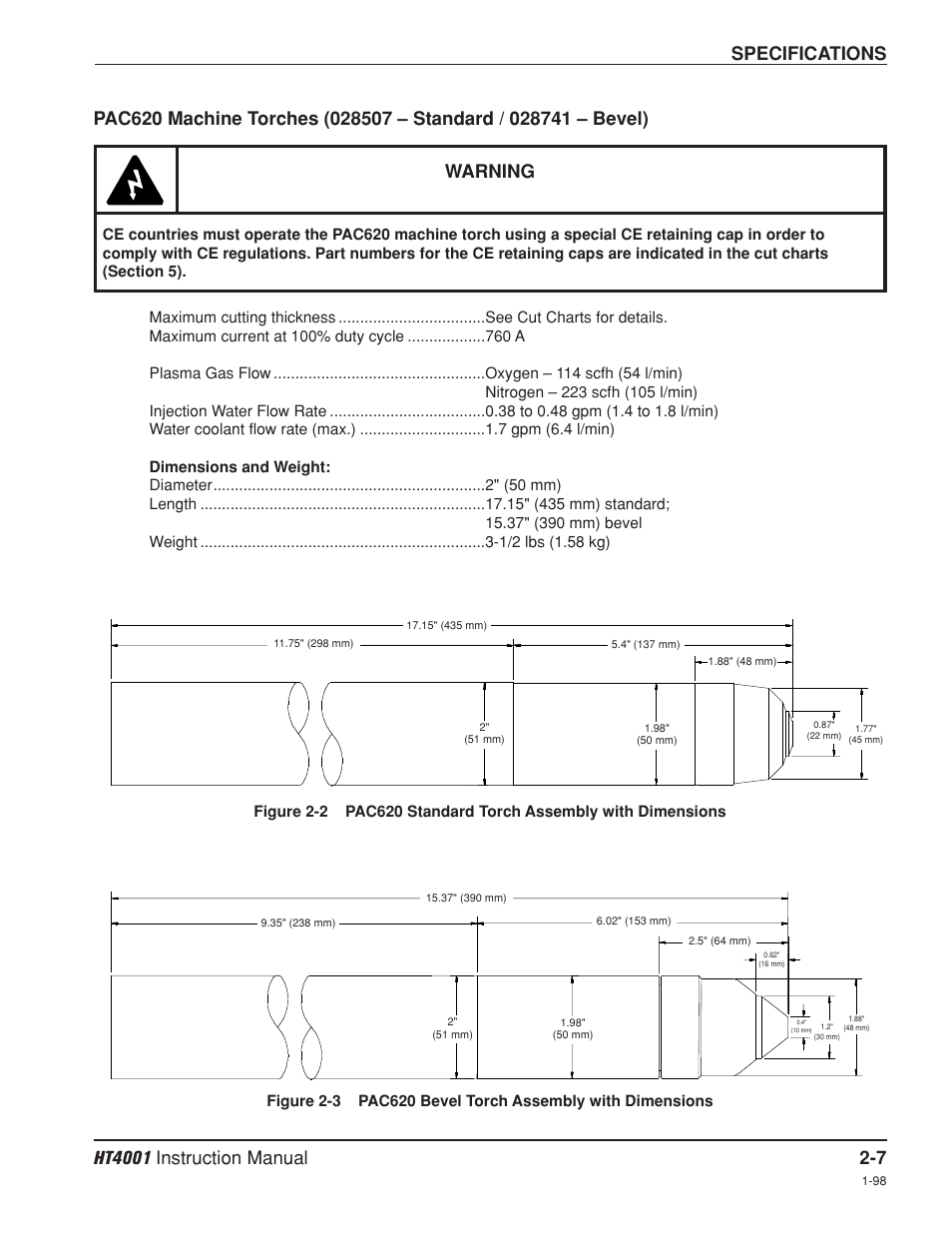 Pac620 machine torches -7, Specifications, Warning | Hypertherm HT4001 Plasma Arc Cutting System User Manual | Page 34 / 259