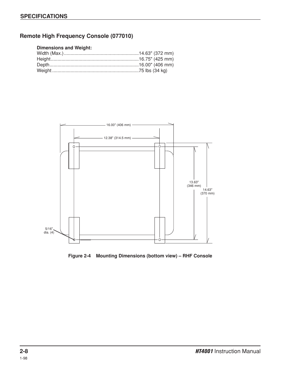 Remote high frequency console -8, Specifications | Hypertherm HT4001 Plasma Arc Cutting System User Manual | Page 35 / 259