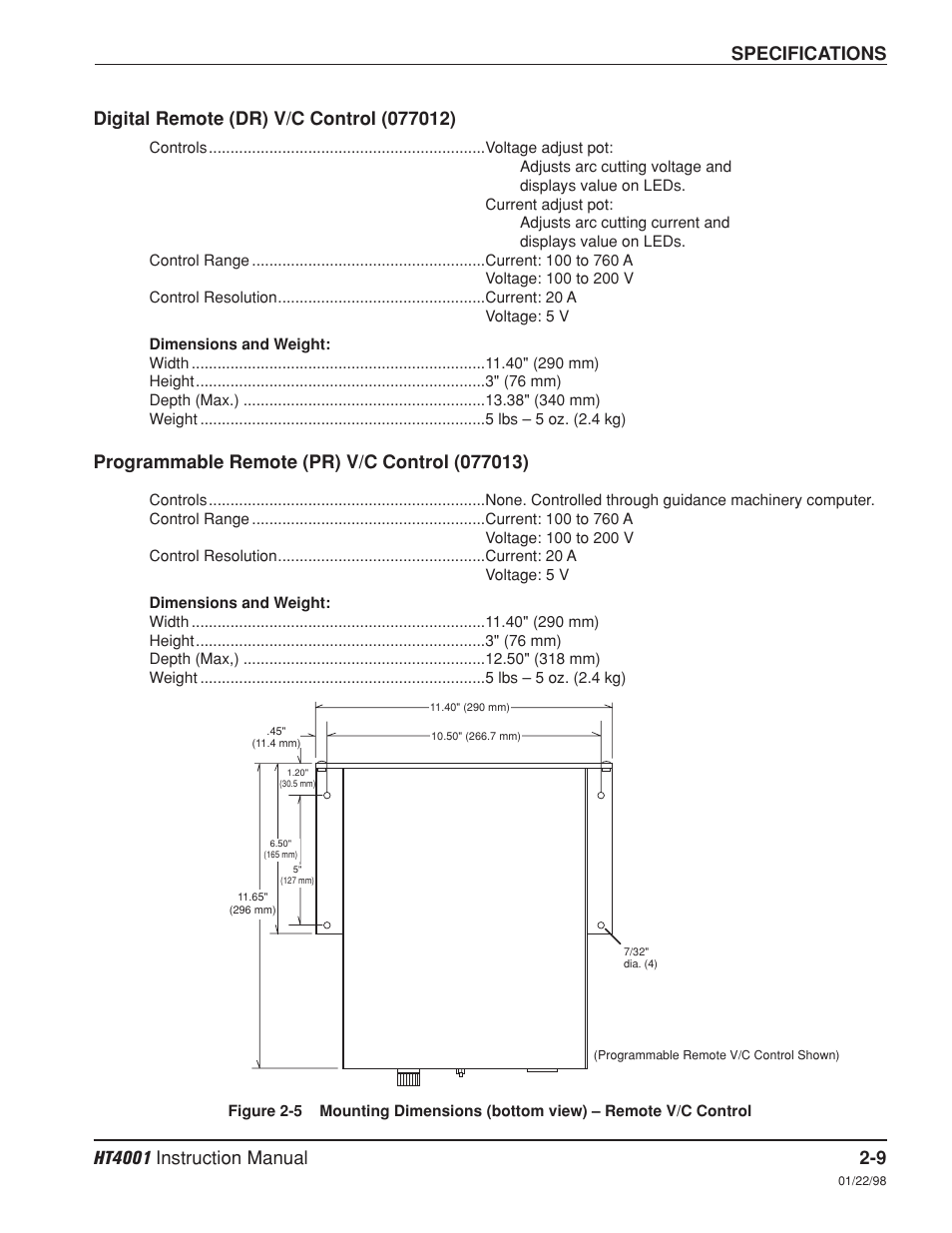 Digital remote (dr) v/c control -9, Programmable remote (pr) v/c control -9, Specifications | Hypertherm HT4001 Plasma Arc Cutting System User Manual | Page 36 / 259