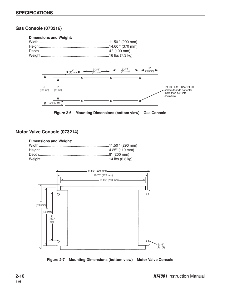 Gas console -10, Motor valve console -10, Gas console -10 motor valve console -10 | Specifications | Hypertherm HT4001 Plasma Arc Cutting System User Manual | Page 37 / 259