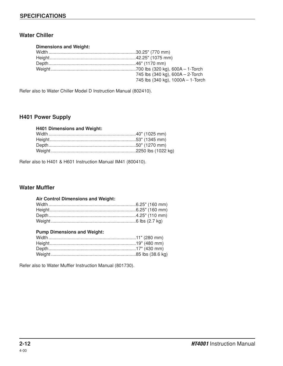 Water chiller -12, H401 power supply -12, Water muffler -12 | Hypertherm HT4001 Plasma Arc Cutting System User Manual | Page 39 / 259