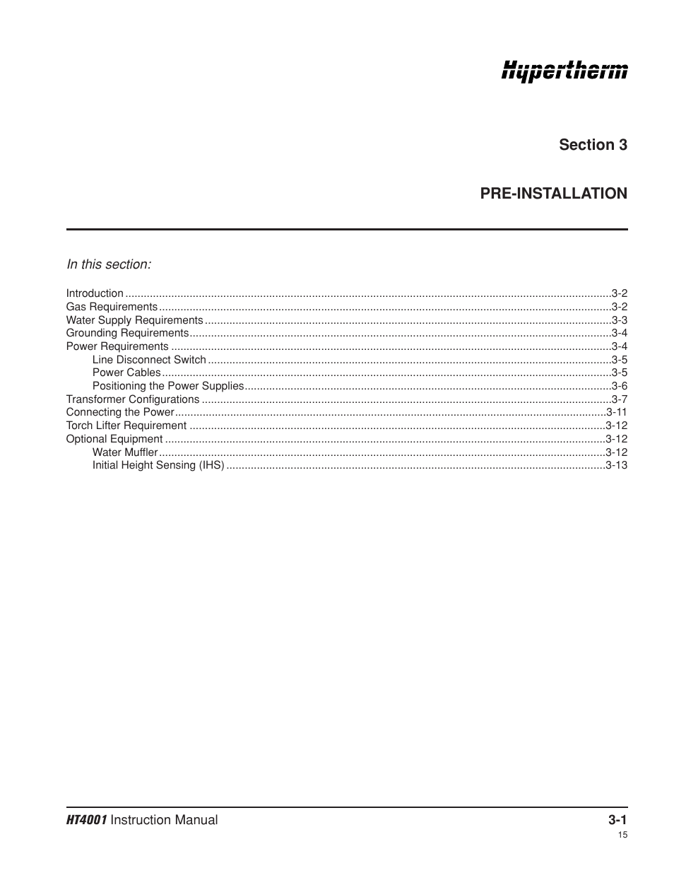 Section 3 pre-installation, Section 3, Pre-installation -1 | Hypertherm HT4001 Plasma Arc Cutting System User Manual | Page 41 / 259