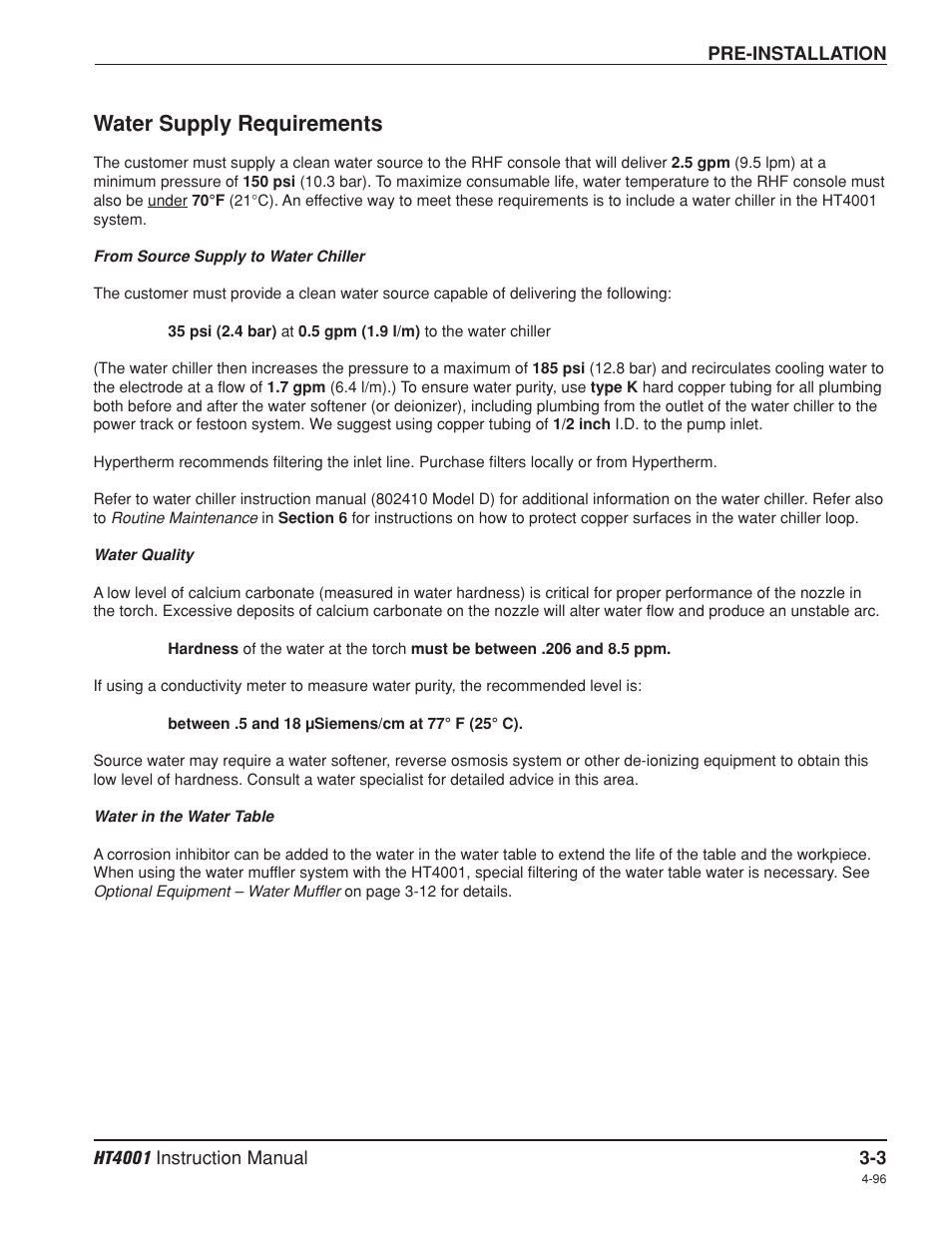 Water supply requirements -3, Water supply requirements | Hypertherm HT4001 Plasma Arc Cutting System User Manual | Page 43 / 259