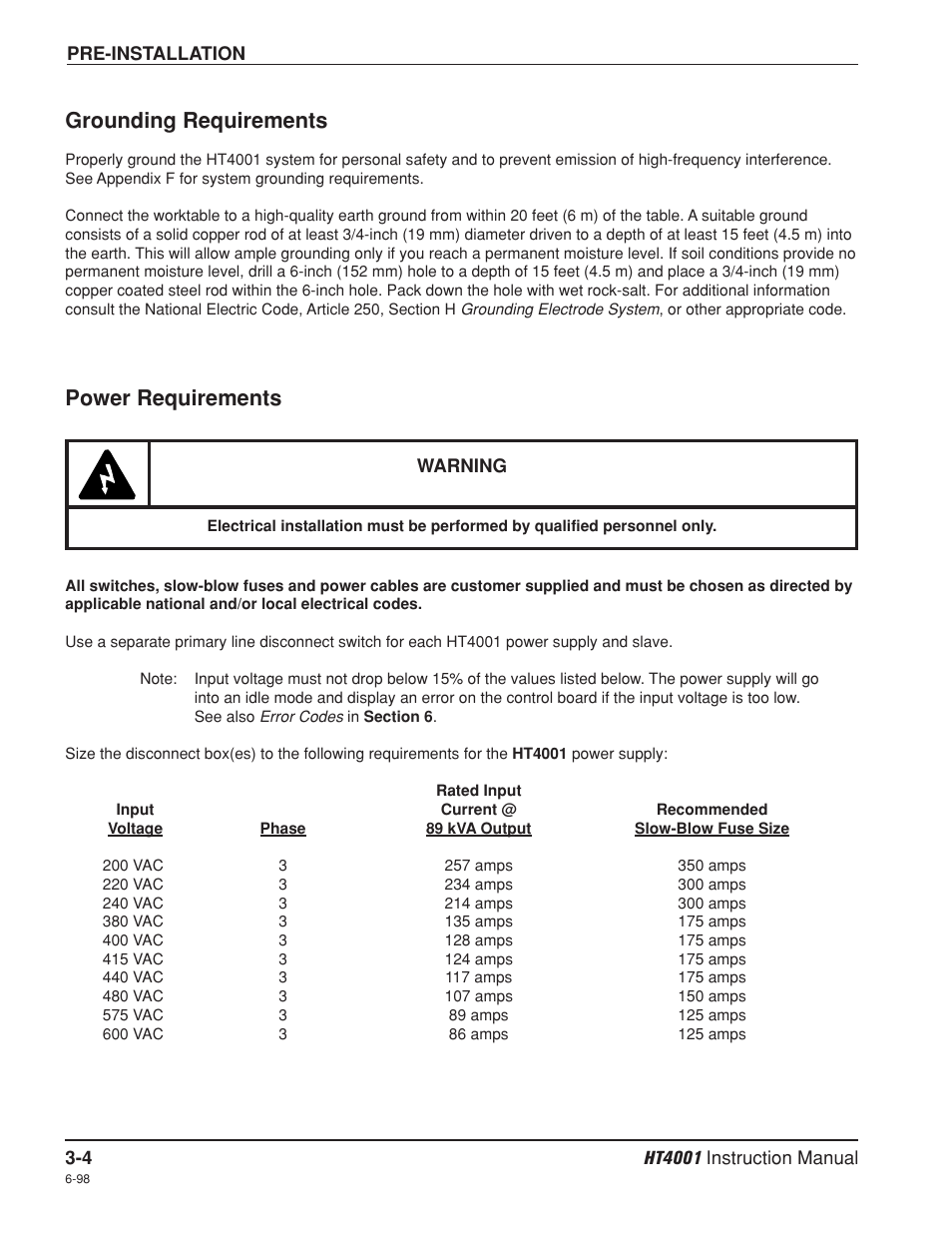 Grounding requirements -4, Power requirements -4, Grounding requirements -4 power requirements -4 | Grounding requirements, Power requirements | Hypertherm HT4001 Plasma Arc Cutting System User Manual | Page 44 / 259