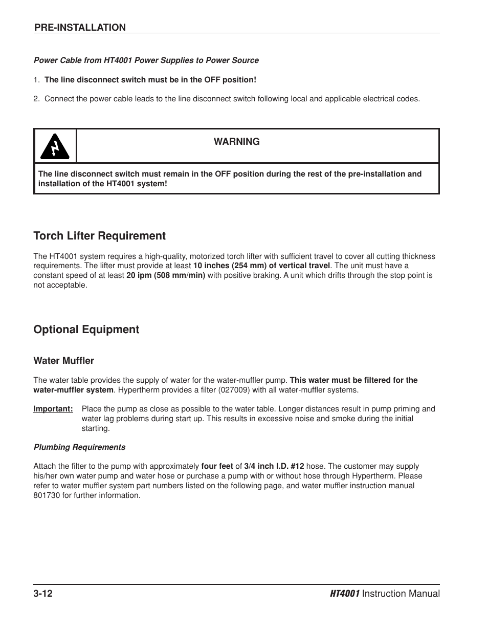 Torch lifter requirement -12, Optional equipment -12, Water muffler -12 | Optional equipment, Torch lifter requirement | Hypertherm HT4001 Plasma Arc Cutting System User Manual | Page 52 / 259