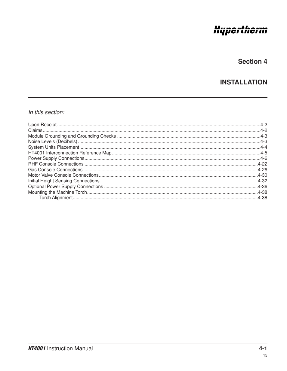 Section 4 installation, Section 4 installation -1 | Hypertherm HT4001 Plasma Arc Cutting System User Manual | Page 54 / 259