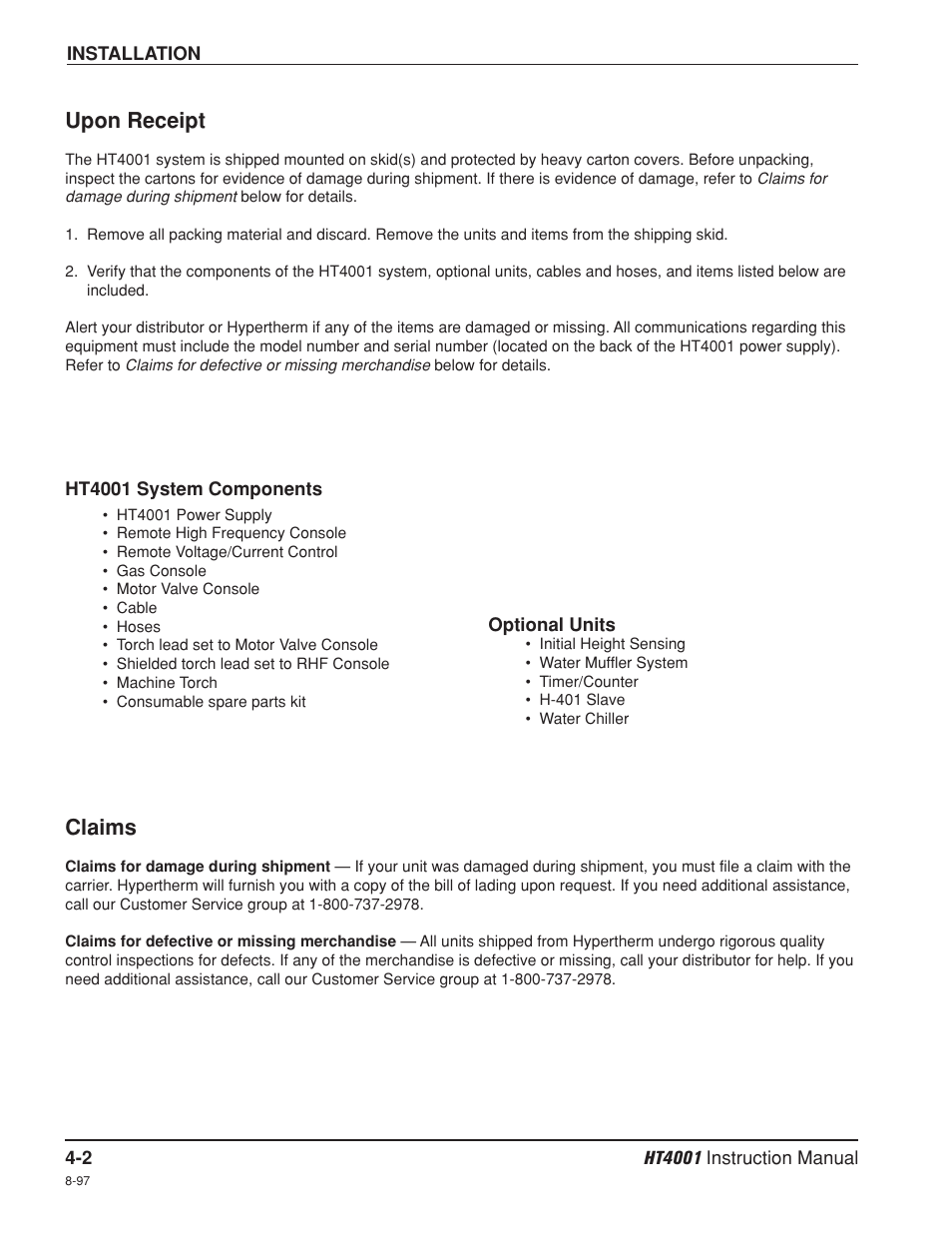 Upon receipt -2, Claims -2, Upon receipt -2 claims -2 | Upon receipt, Claims | Hypertherm HT4001 Plasma Arc Cutting System User Manual | Page 55 / 259