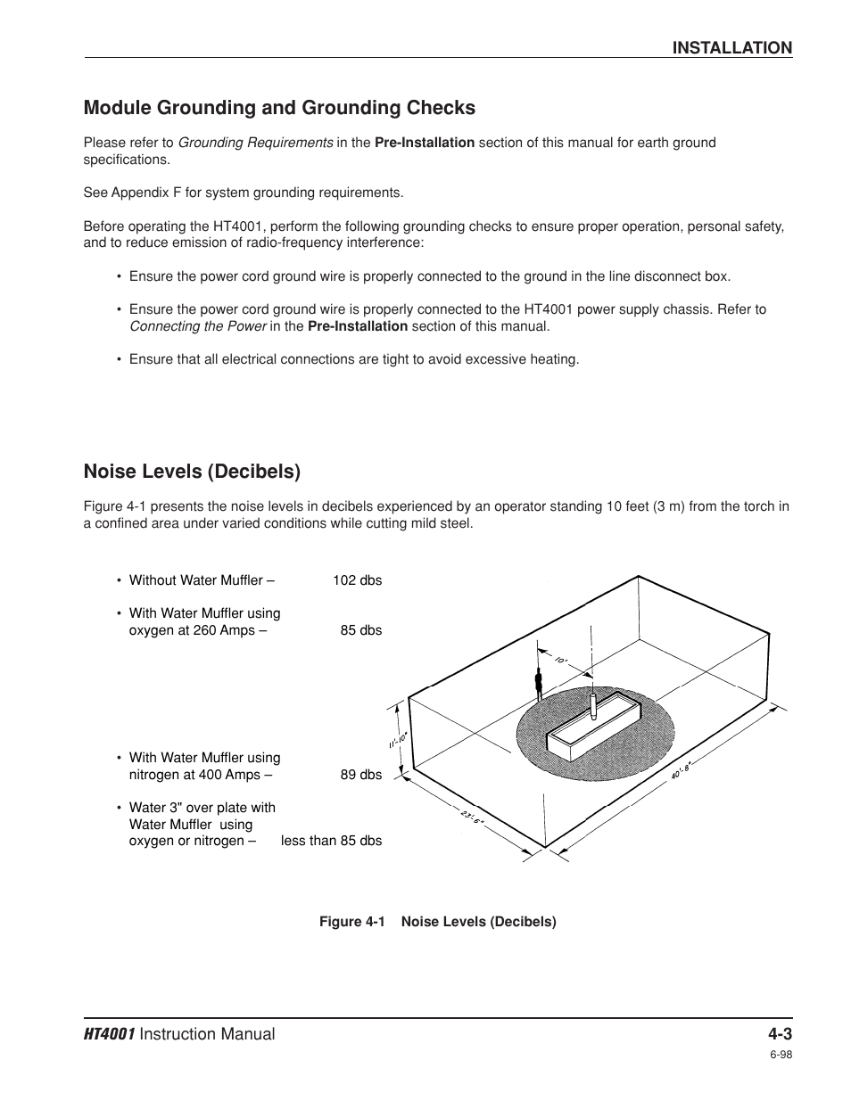 Module grounding and grounding checks -3, Noise levels (decibels) -3, Module grounding and grounding checks | Noise levels (decibels) | Hypertherm HT4001 Plasma Arc Cutting System User Manual | Page 56 / 259