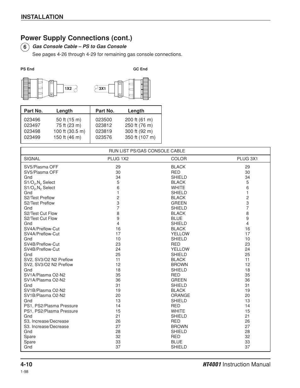 Power supply connections (cont.), Installation | Hypertherm HT4001 Plasma Arc Cutting System User Manual | Page 63 / 259