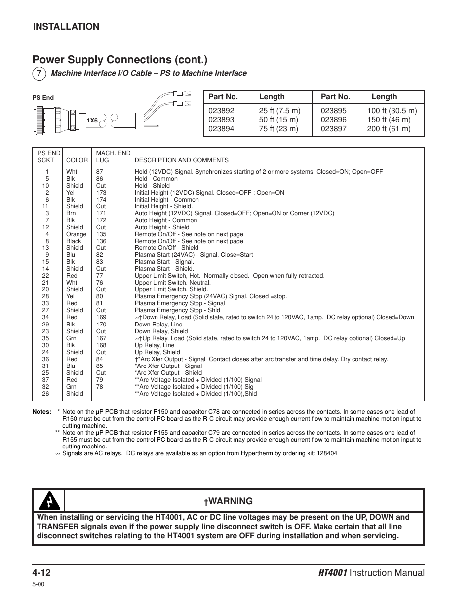 Power supply connections (cont.), Installation, Warning | Hypertherm HT4001 Plasma Arc Cutting System User Manual | Page 65 / 259