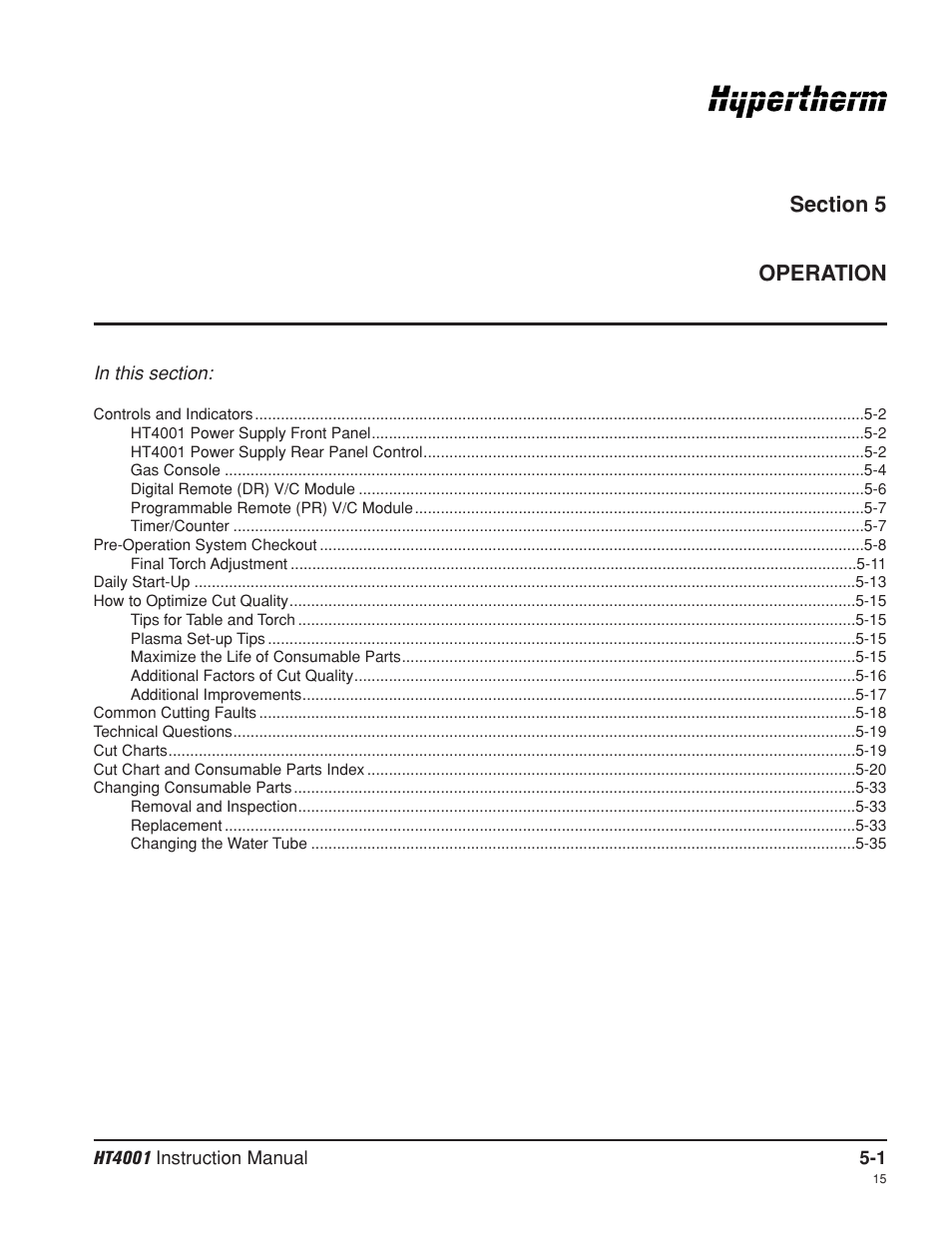 Section 5 operation, Section 5 operation -1 | Hypertherm HT4001 Plasma Arc Cutting System User Manual | Page 92 / 259