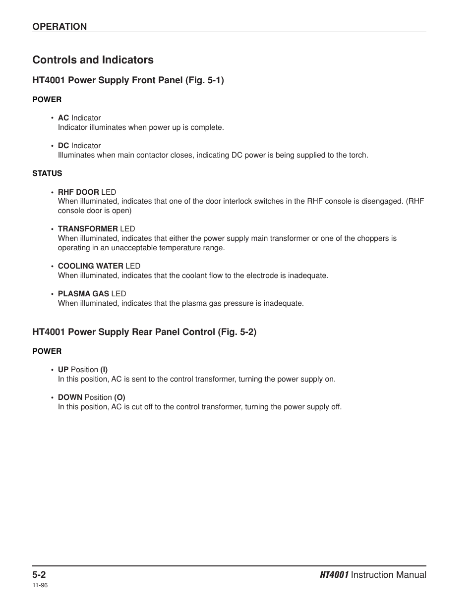 Controls and indicators -2, Ht4001 power supply front panel -2, Ht4001 power supply rear panel control -2 | Controls and indicators | Hypertherm HT4001 Plasma Arc Cutting System User Manual | Page 93 / 259