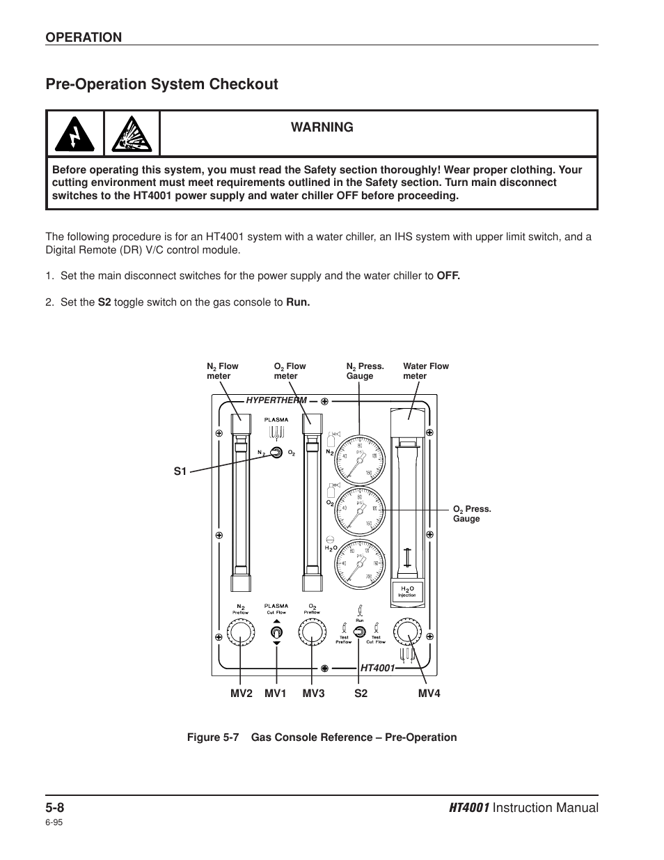 Pre-operation system checkout -8, Pre-operation system checkout, Operation | Warning | Hypertherm HT4001 Plasma Arc Cutting System User Manual | Page 99 / 259