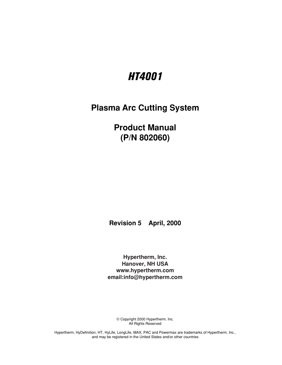 Ht4001 | Hypertherm HT4001 User Manual | Page 2 / 59